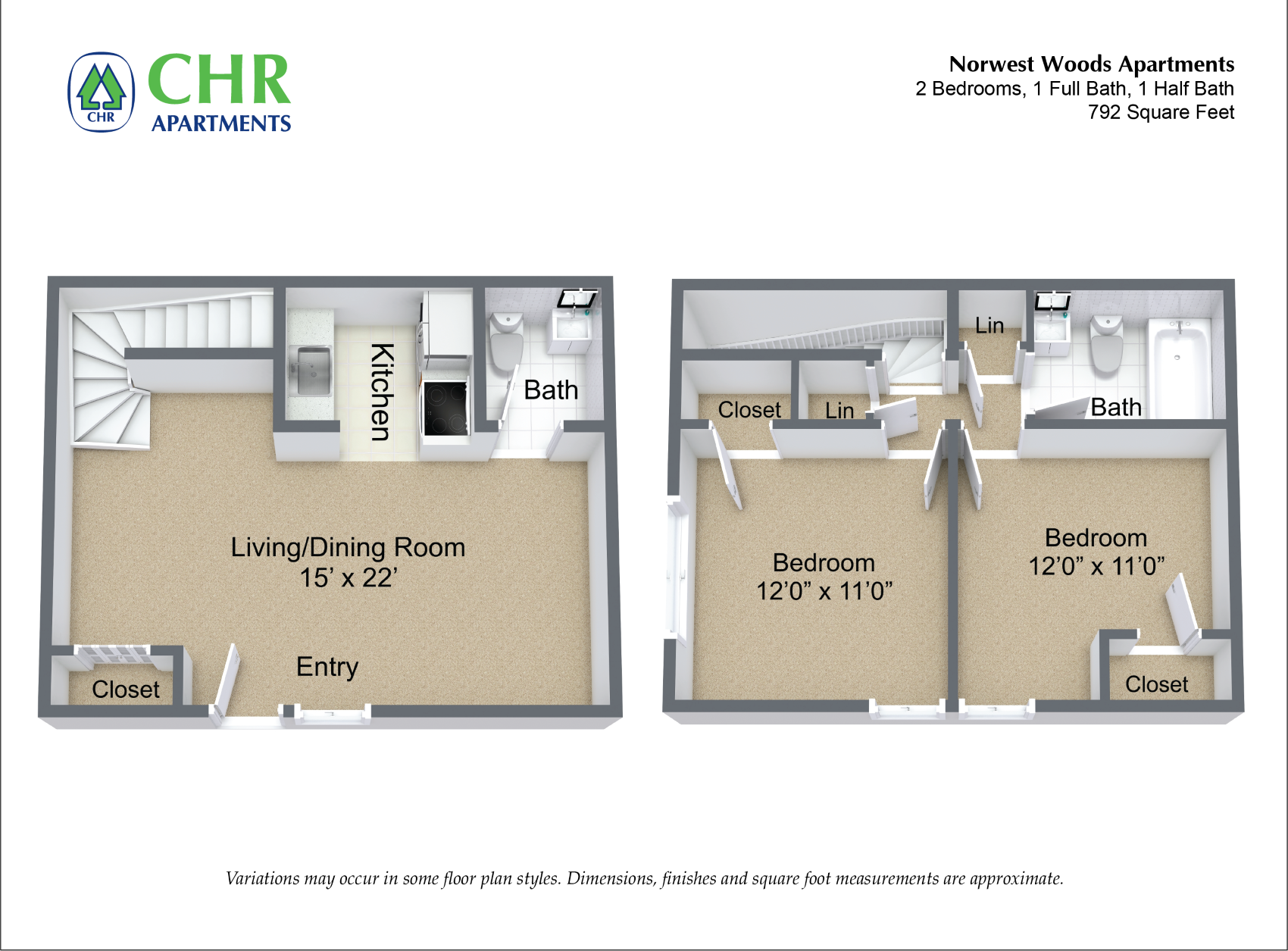 Floor plan for 1 bed, 1.5 baths, 700 sqft